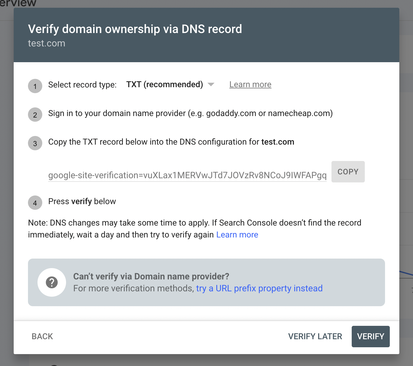 Add TXT DNS record for domain ownership verification